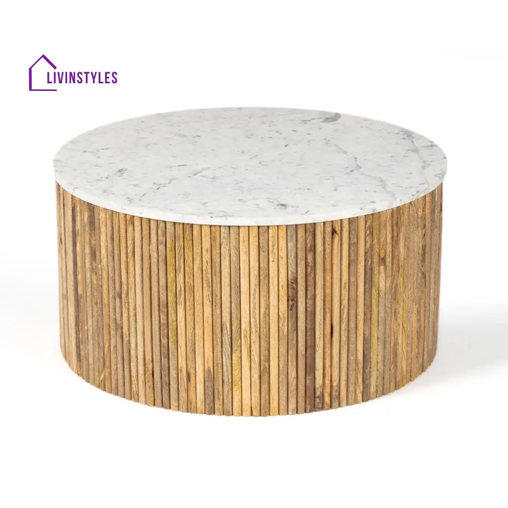 Omkar Mango Solid Wood Round Center Table with White Marble Top for Living Room | Modern Coffee Table for Sofa Set