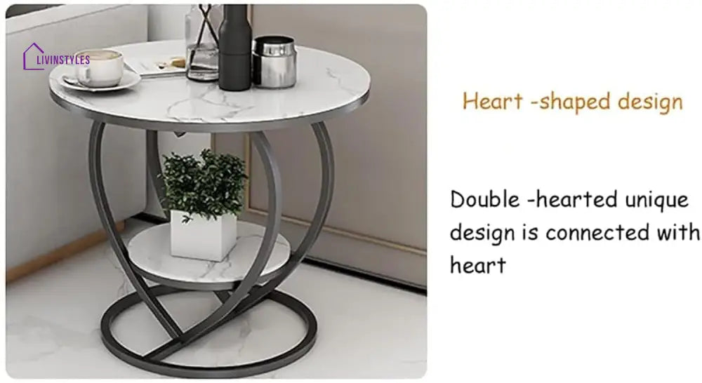 Premium Modern Heart Shaped Black Metal Finish with White Marble Night Stand Side Table Table