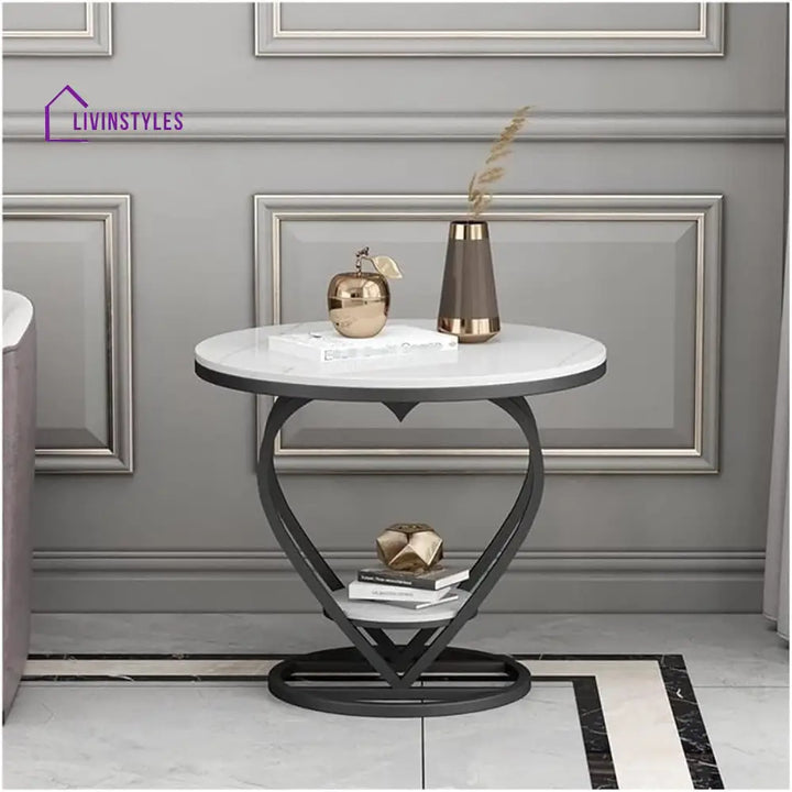 Premium Modern Heart Shaped Black Metal Finish with White Marble Night Stand Side Table Table