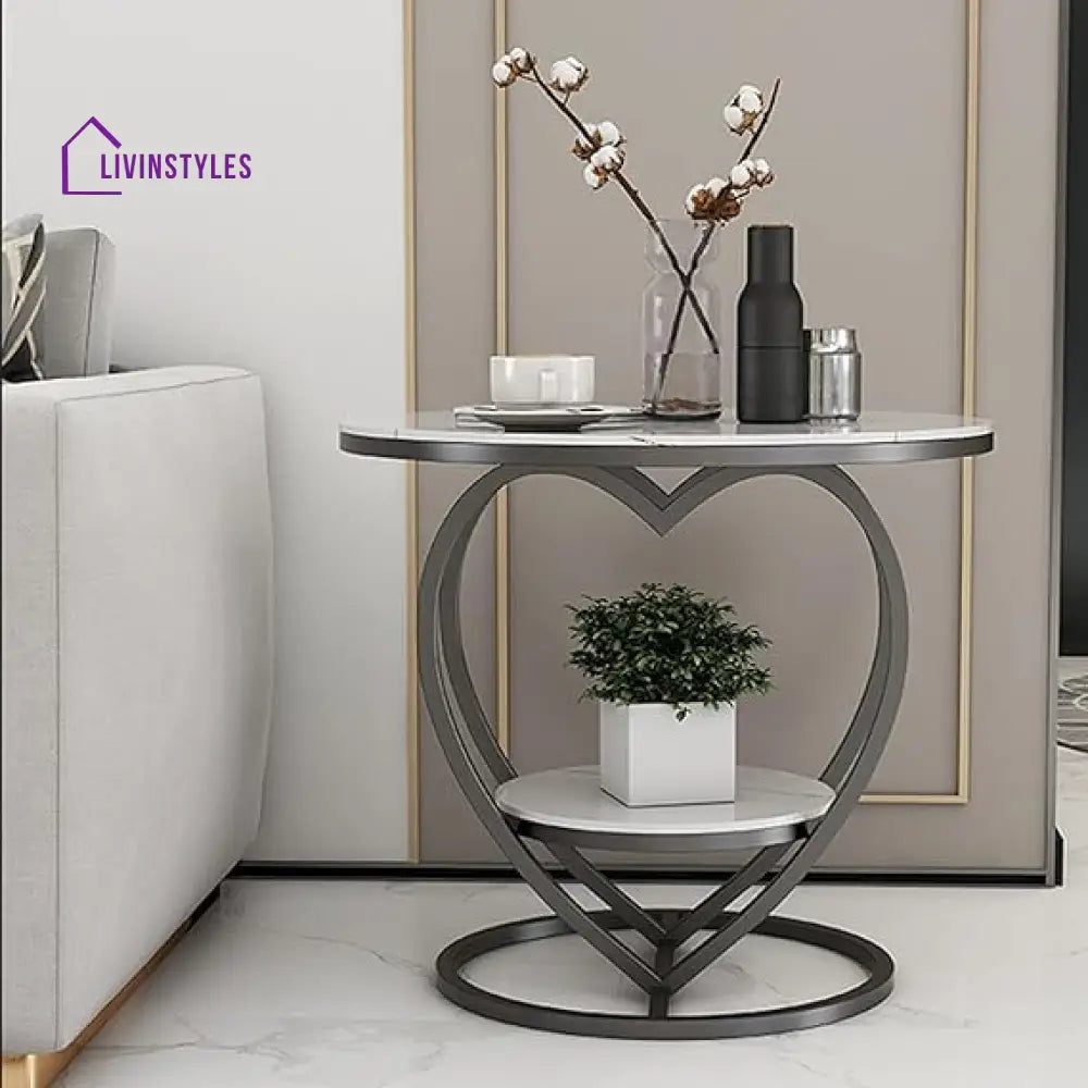 Premium Modern Heart Shaped Black Metal Finish with White Marble Night Stand Side Table Table