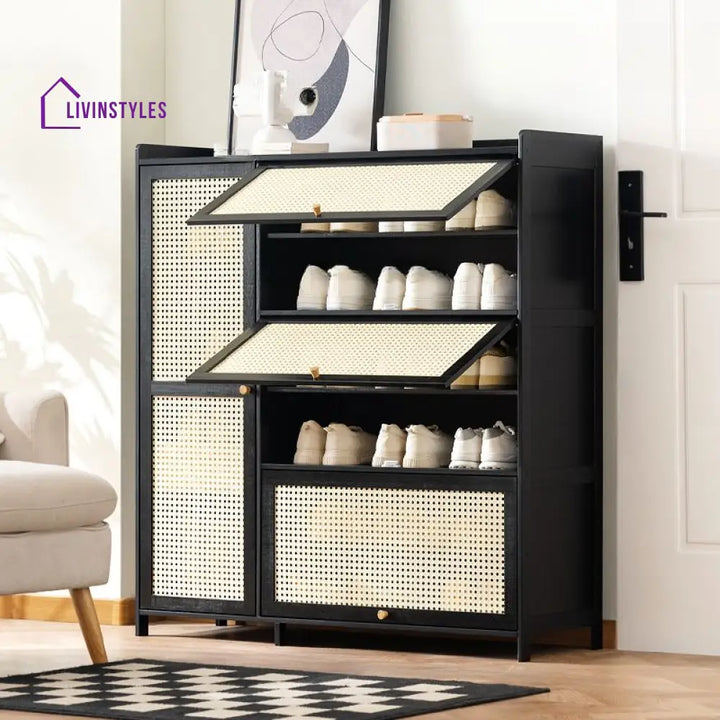 Rohan Mango Wood Black Finish and Cane Weaving Shoe Rack for Hallway