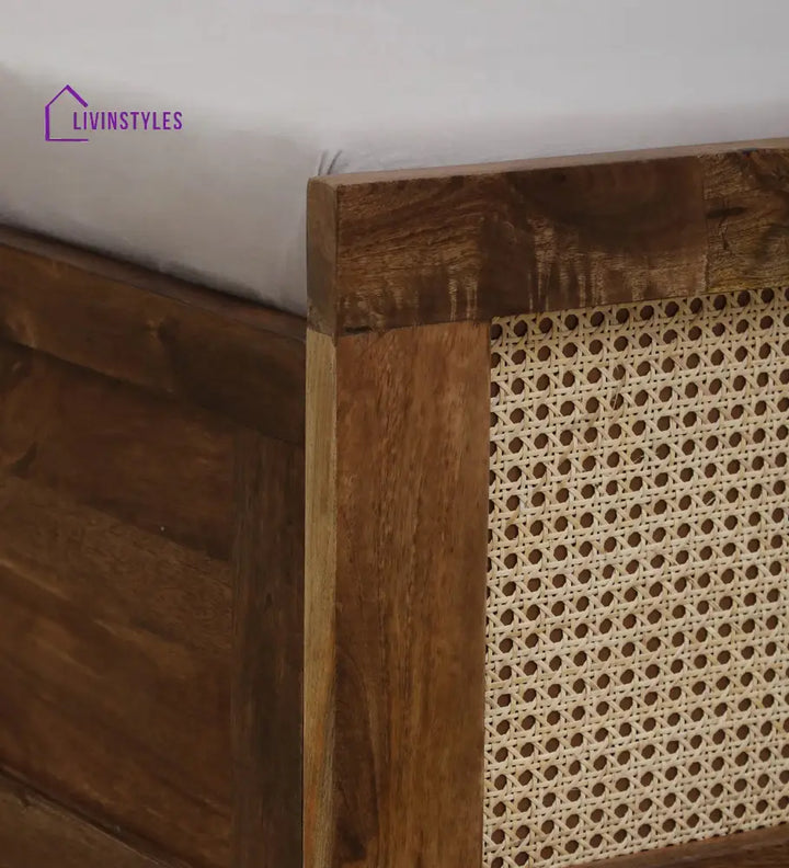 Rosie Mango Wood King Size Bed In Teak Finish | Cane Weaving Work