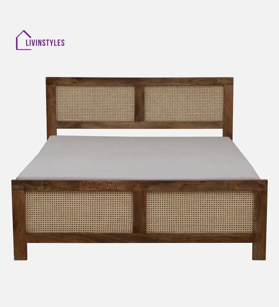 Rosie Mango Wood King Size Bed In Teak Finish | Cane Weaving Work