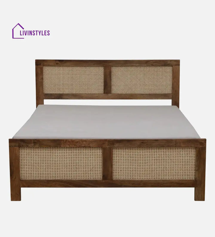 Rosie Mango Wood King Size Bed In Teak Finish | Cane Weaving Work