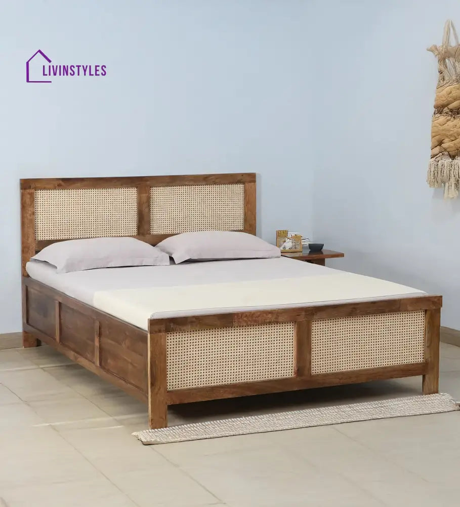Rosie Mango Wood King Size Bed In Teak Finish | Cane Weaving Work