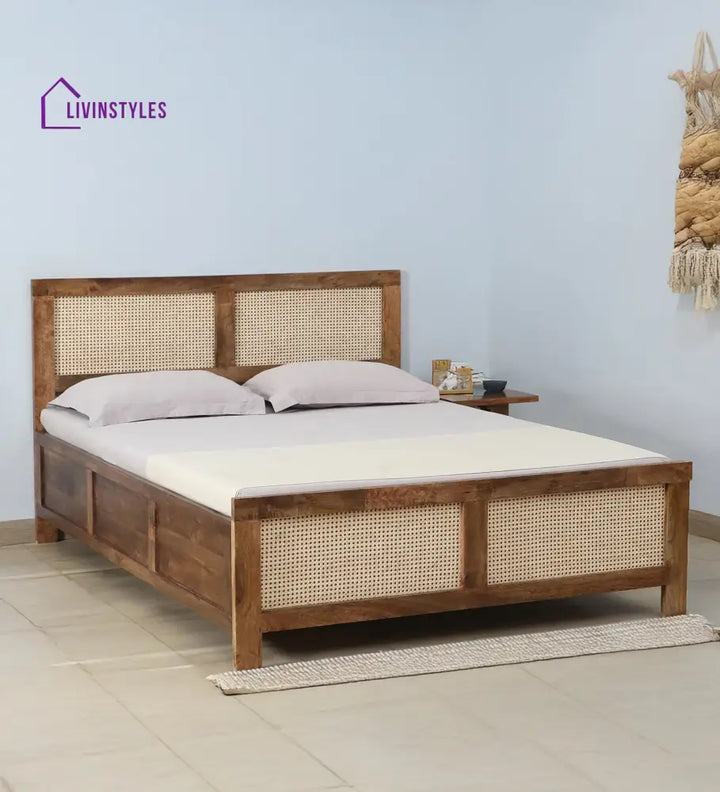 Rosie Mango Wood King Size Bed In Teak Finish | Cane Weaving Work