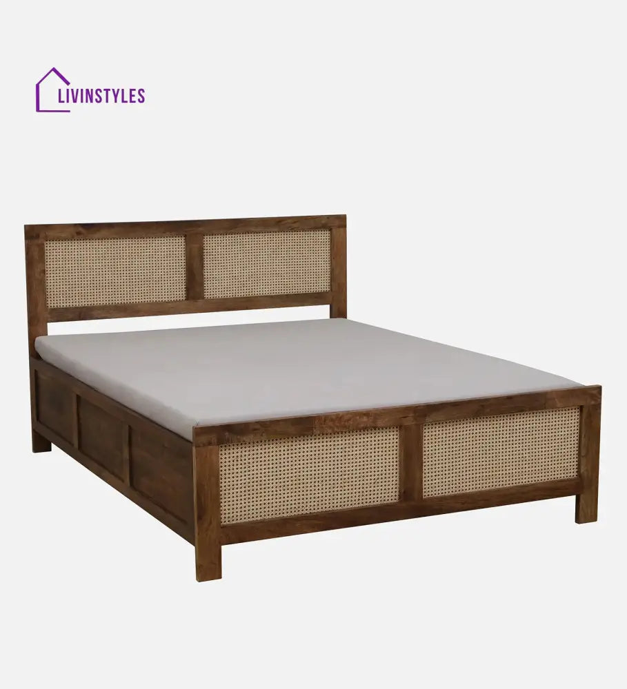 Rosie Mango Wood King Size Bed In Teak Finish | Cane Weaving Work