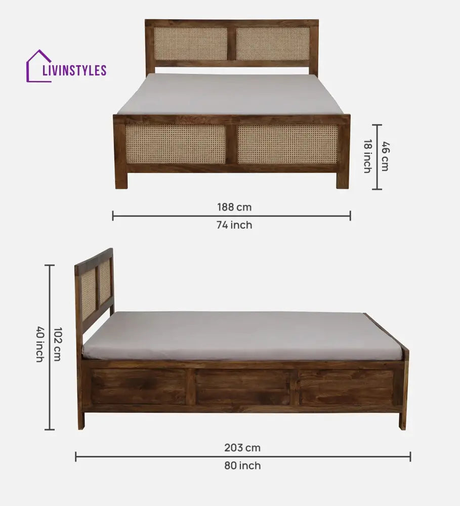 Rosie Mango Wood King Size Bed In Teak Finish | Cane Weaving Work