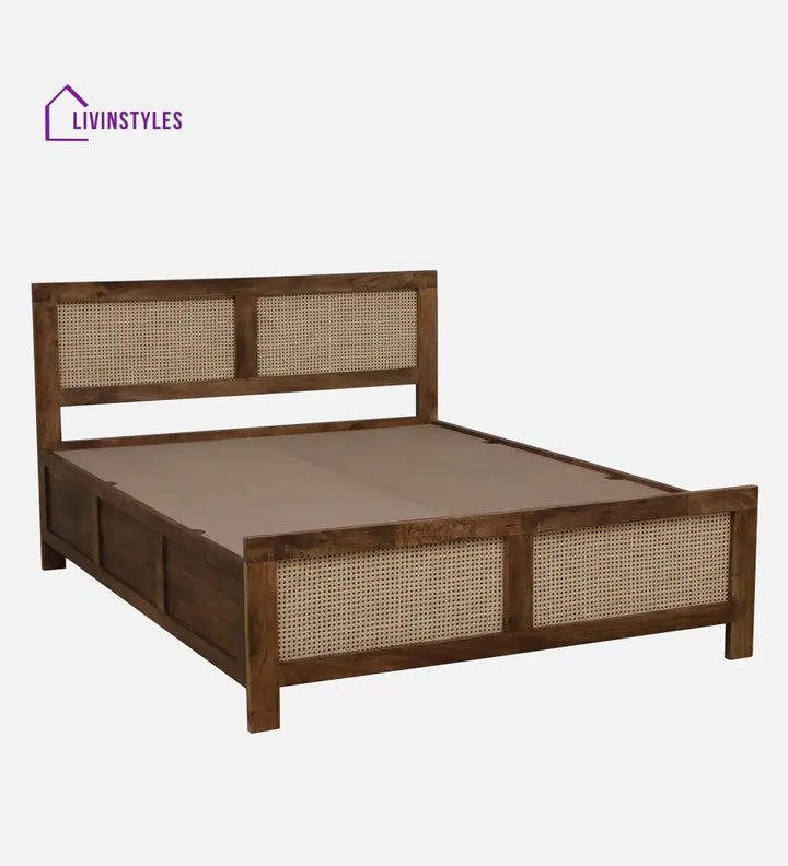 Rosie Mango Wood King Size Bed In Teak Finish | Cane Weaving Work
