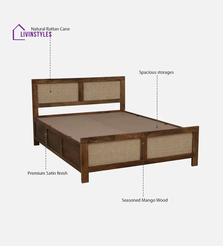 Rosie Mango Wood King Size Bed In Teak Finish | Cane Weaving Work