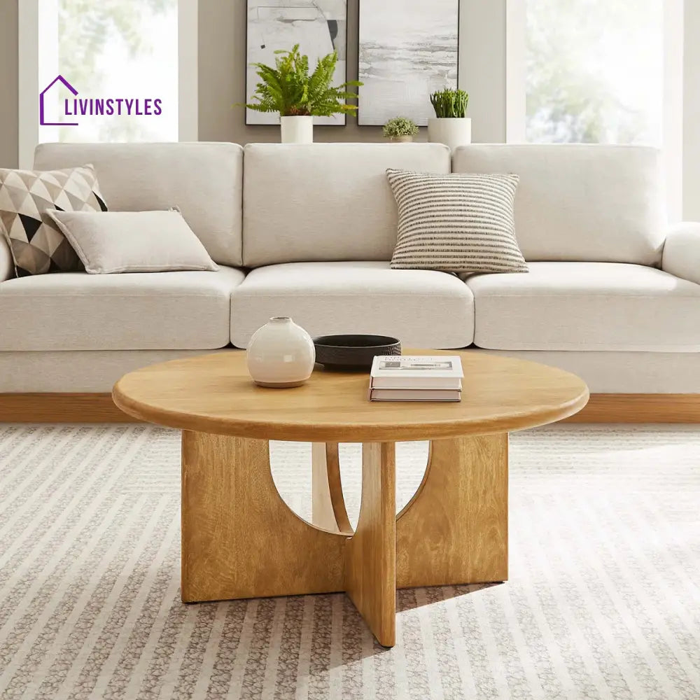 Samar Solid Mango Wood Round Coffee Table for Living Room – Mid Century Modern Center Table with Geometric Base (Walnut