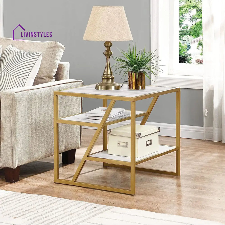 Square Shape Stylish Artistic Side Table with Golden Metal Finish Table