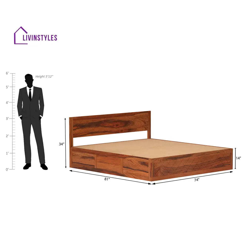 Taras Sheesham Wood bed with Box Storage in Honey Color