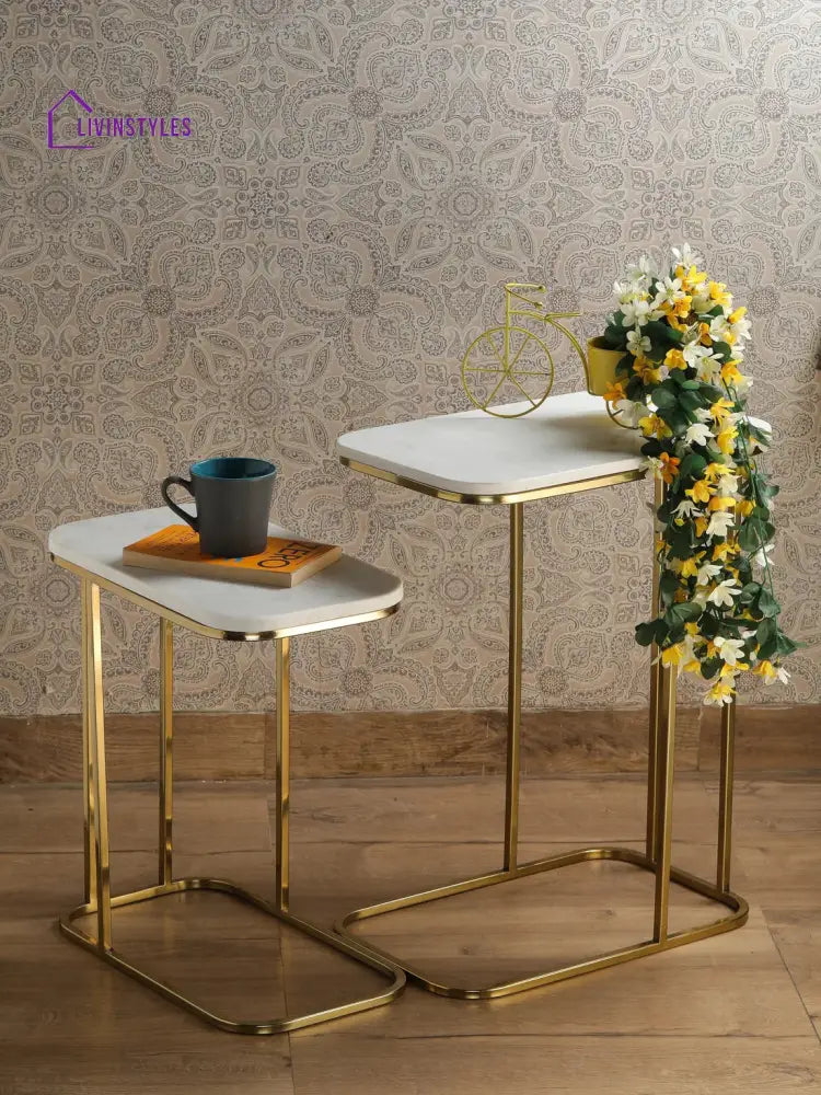 Tehran Rectangle Iron Stand Side Marble Table Set of 2 Table