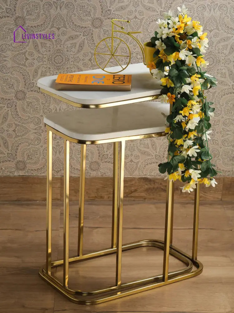 Tehran Rectangle Iron Stand Side Marble Table Set of 2 Table