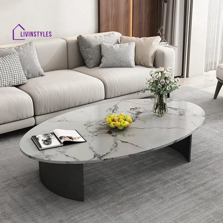 Velora Stainless Steel Coffee Table for Living Room | Oval Shape | Composite Ceramic Marble