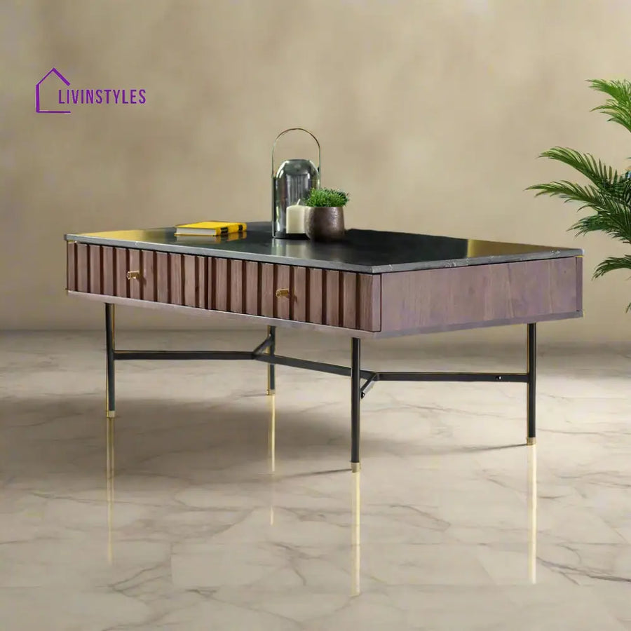Yash Acacia Wood Berkeley Marble Coffee Table Elegant Design and Ample Storage Marble Coffee Table for Living Room