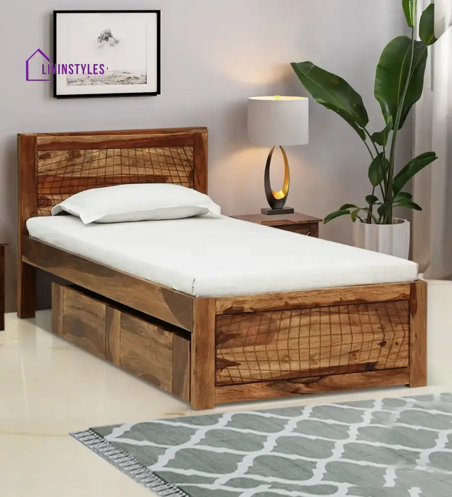 Harmonia Sheesham Wood Single Bed With Storage Natural Bedroom Furniture Sets