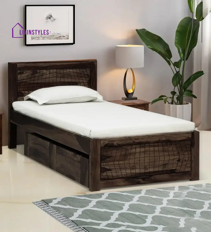 Harmonia Sheesham Wood Single Bed With Storage Walnut Bedroom Furniture Sets