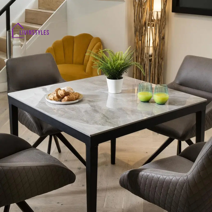 Zlata Small Luxury 4 Seater Dining Set - Grey Ceramic Marble Table - Brown Swivel Chairs Dining Room / Dining Sets