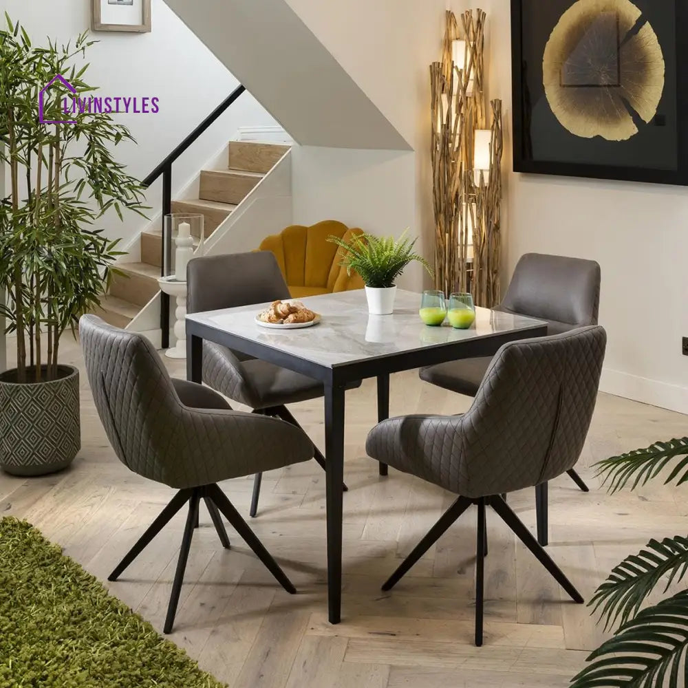 Zlata Small Luxury 4 Seater Dining Set - Grey Ceramic Marble Table - Brown Swivel Chairs Dining Room / Dining Sets