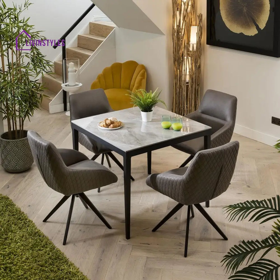 Zlata Small Luxury 4 Seater Dining Set - Grey Ceramic Marble Table - Brown Swivel Chairs Dining Room / Dining Sets