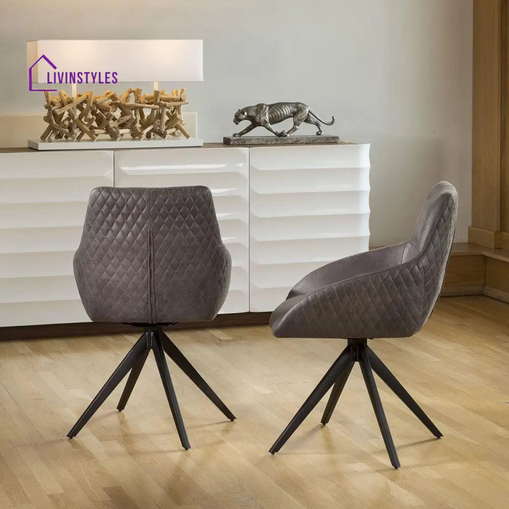 Zlata Small Luxury 4 Seater Dining Set - Grey Ceramic Marble Table - Brown Swivel Chairs Dining Room / Dining Sets