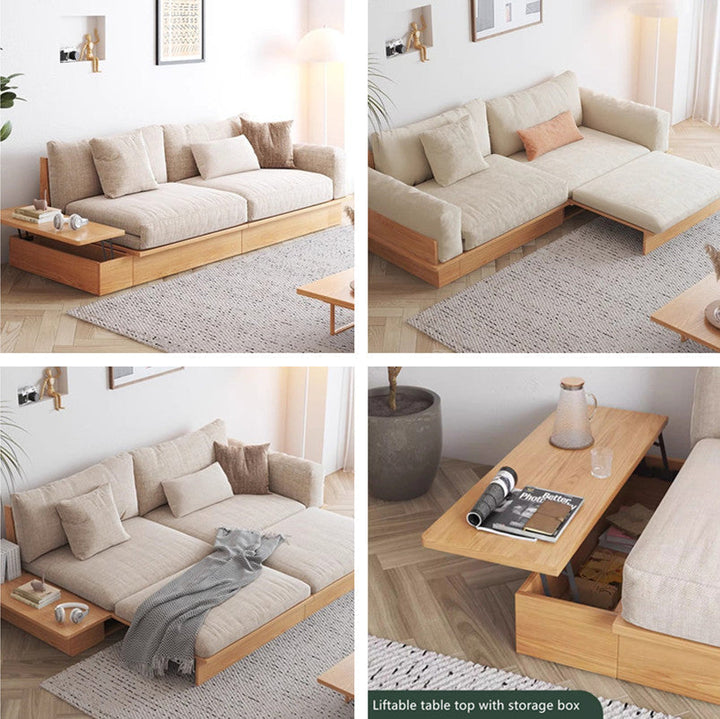 Japandi Solid Wood Sofa Bed with Liftable Armrest Storage Box SOFA BED