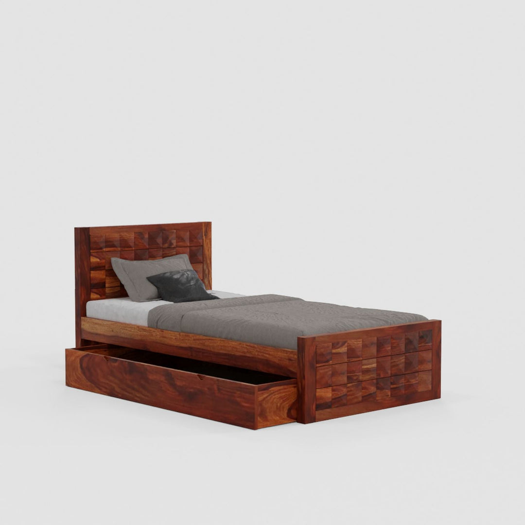 Felisa Solid Sheesham Wood Single Bed With One Drawer (Natural Finish)