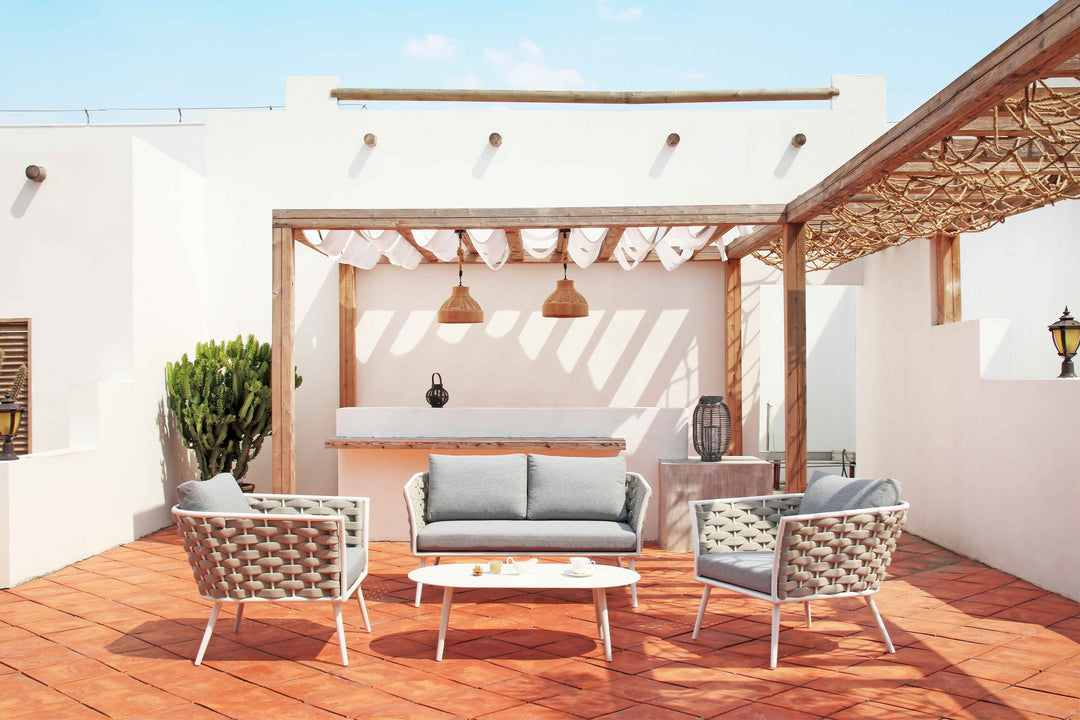 Pozen Outdoor Garden Balcony Sofa Set  2 Seater, 2 Single seater and 1 Center Table Set, Braid & Rope (White + Cream)