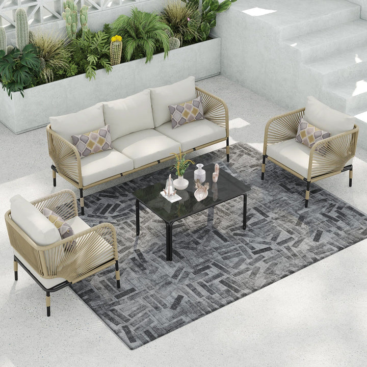 Kylie Outdoor Sofa Set 3 Seater , 2 Single seater and 1 Center Table Braided & Rope(Tan)