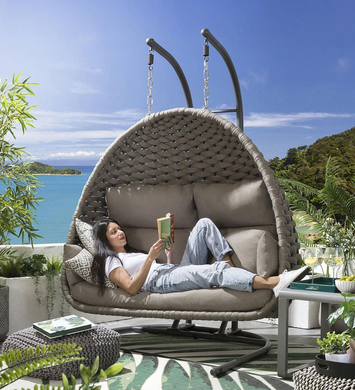 Afon Double Seater Hanging Swing With Stand For Balcony Garden Swing (Silk Grey) Braid & Rope - Swings