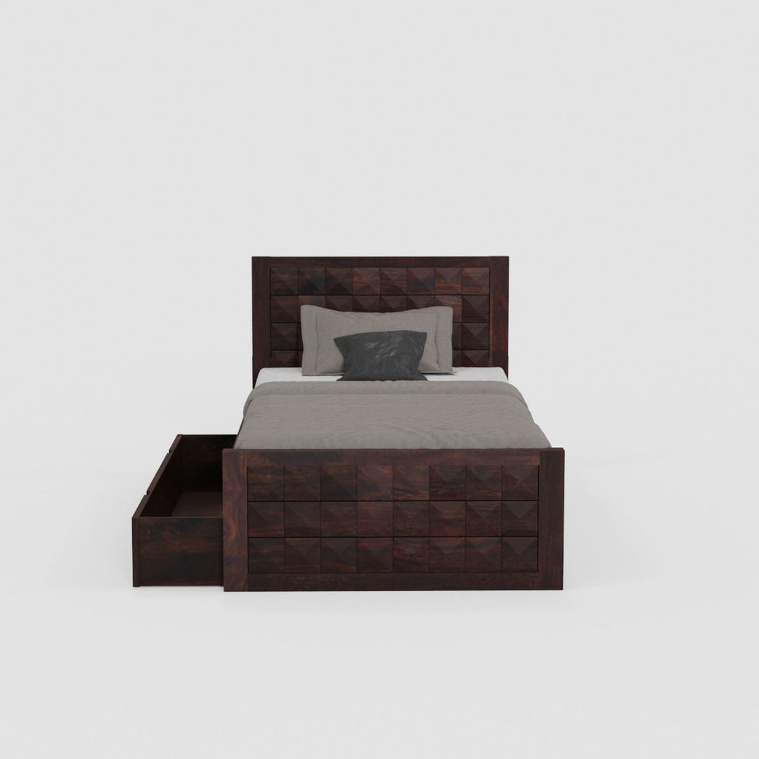 Damiana Solid Sheesham Wood Single Bed With One Drawer (Walnut Finish)