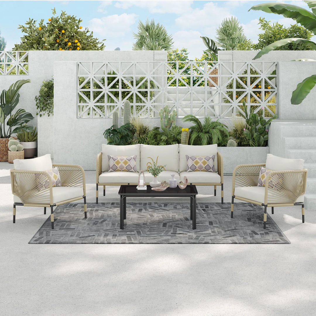 Kylie Outdoor Sofa Set 3 Seater , 2 Single seater and 1 Center Table Braided & Rope(Tan)