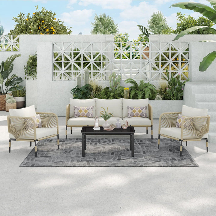 Kylie Outdoor Sofa Set 3 Seater , 2 Single seater and 1 Center Table Braided & Rope(Tan)