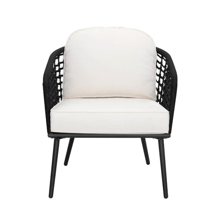 Spiff Outdoor Patio Seating Set 2 Chairs and 1 Table Set (Black + White) Braided & Rope