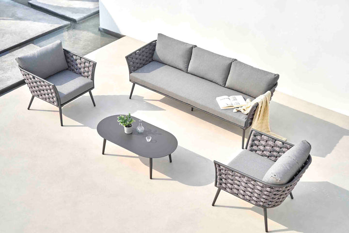 Klorix Outdoor Garden Balcony Sofa Set 3 Seater, 2 Single seater and 1 Center Table Set, Braid & Rope (Grey)