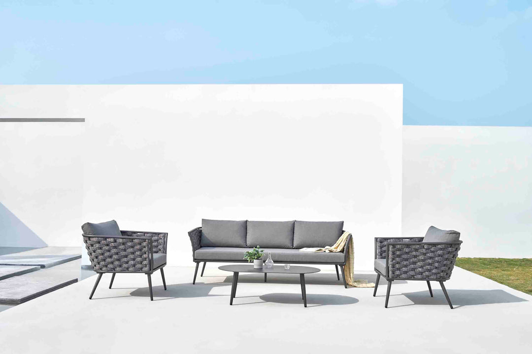 Klorix Outdoor Garden Balcony Sofa Set 3 Seater, 2 Single seater and 1 Center Table Set, Braid & Rope (Grey)