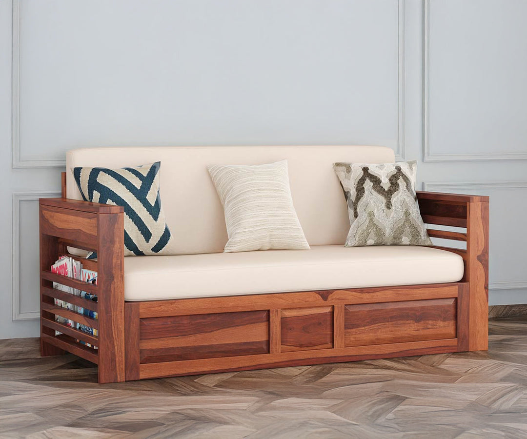 Artem Solid Wood Sheesham Sofa Cum Bed | Solid Wood Sofa Come Bed (Honey Finish)
