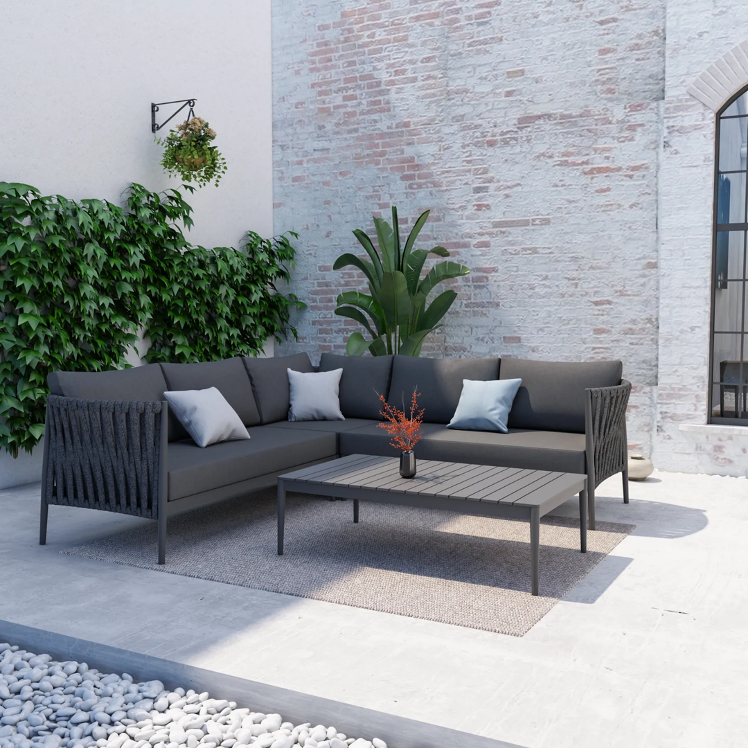 Fabian Outdoor Garden Balcony Sofa Set 5 Seater and 1 Center Table Set, Braid & Rope (Dark Grey)