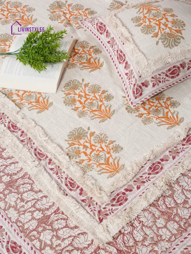 100% Cotton Hand Block Multi Colour Bed Spread With 2 Pillow Cover