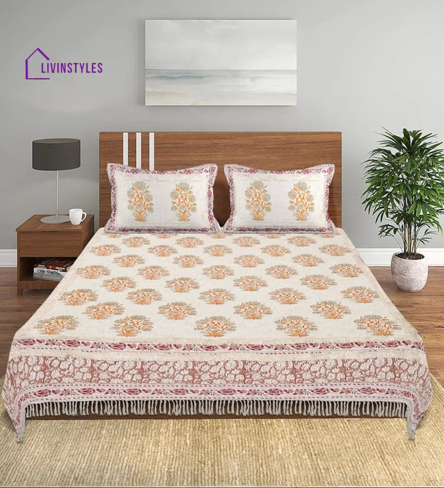100% Cotton Hand Block Multi Colour Bed Spread With 2 Pillow Cover