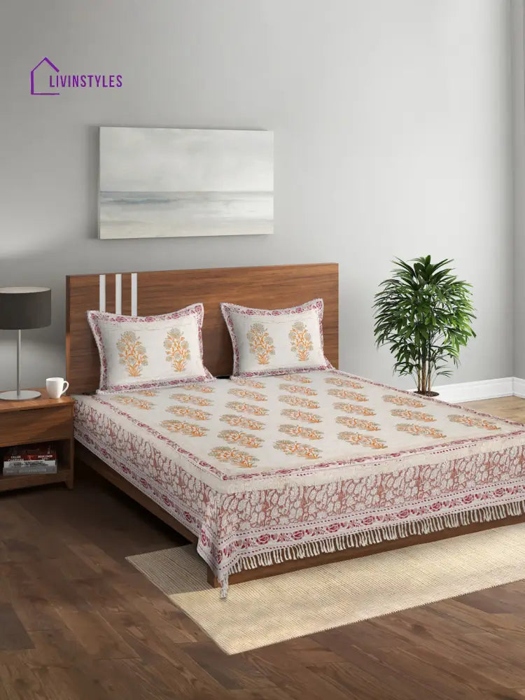 100% Cotton Hand Block Multi Colour Bed Spread With 2 Pillow Cover