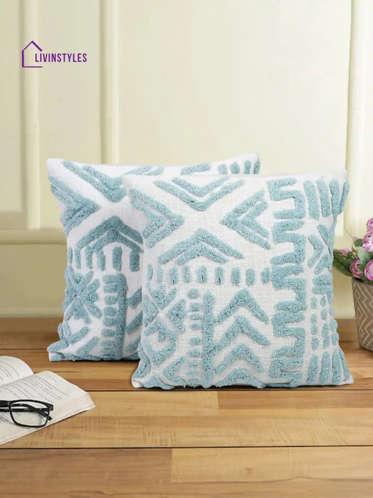 100% Cotton Tufted Aqua Cushion Cover Set Of 2 (18X18 Inch)