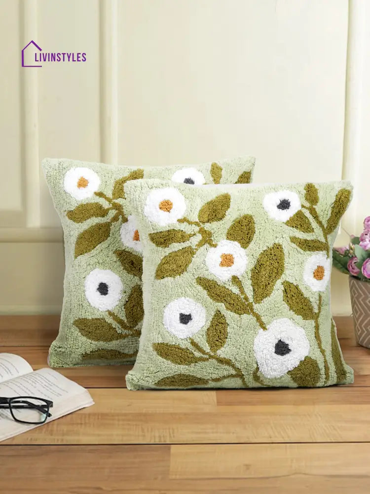 100% Cotton Tufted Green Color Cushion Cover Set Of 2 (18X18 Inch)