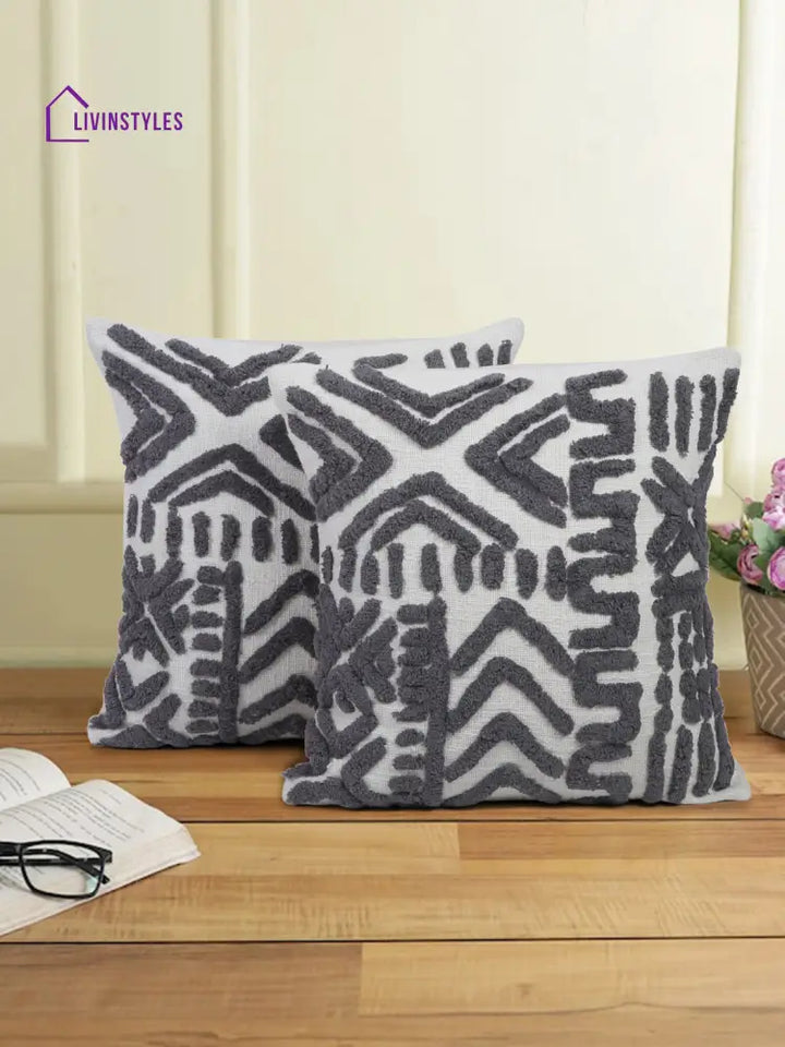 100% Cotton Tufted Gret Cushion Cover Set Of 2 (18X18 Inch)