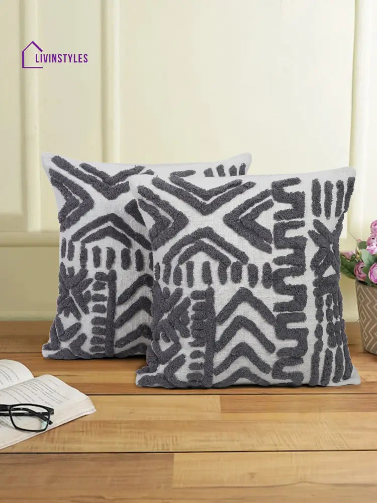 100% Cotton Tufted Gret Cushion Cover Set Of 2 (18X18 Inch)