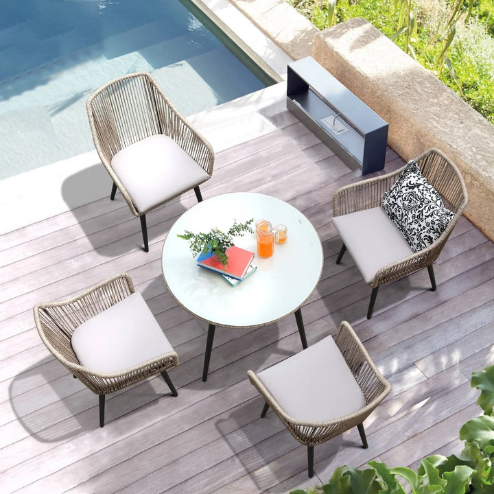 Zoya 5-Piece Outdoor Rope Patio Dining Set With Glass Top Table