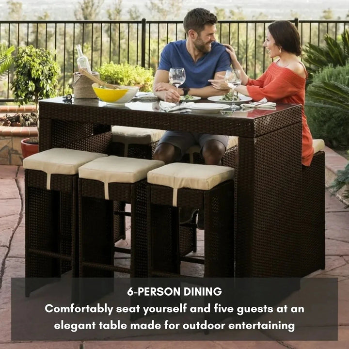 Asha 7-Piece Outdoor Rattan Wicker Bar Set with Glass Top Table