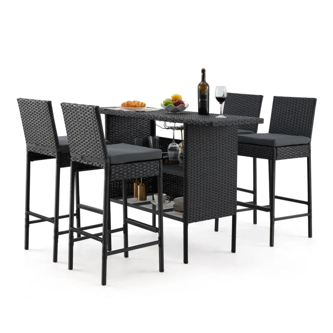 Yvette 5-Piece Outdoor Rattan Wicker Bar Set with Wicker Top Table